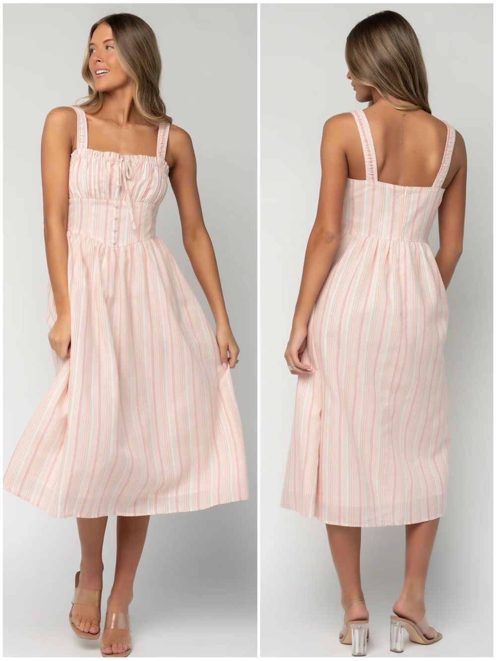 BALTIC BORN Women Size M Peach Stripe Melinda Sleeveless Fit & Flare Midi Dress